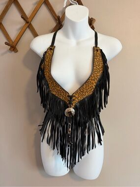 Genuine Leather Leopard Print Fringe Halter Top Concho Festival Black Size OS